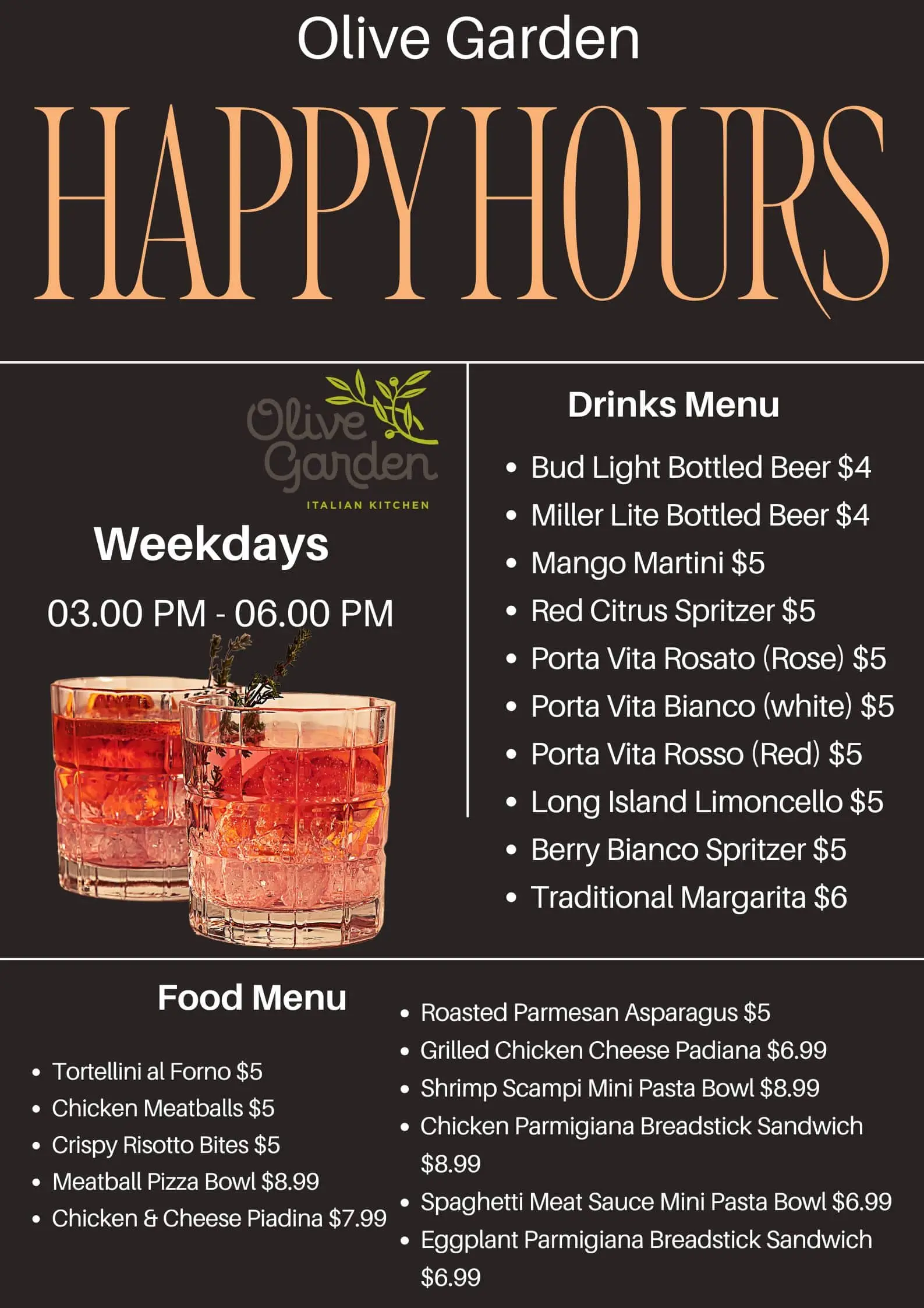 Olive Garden Happy Hour Time and Menu
